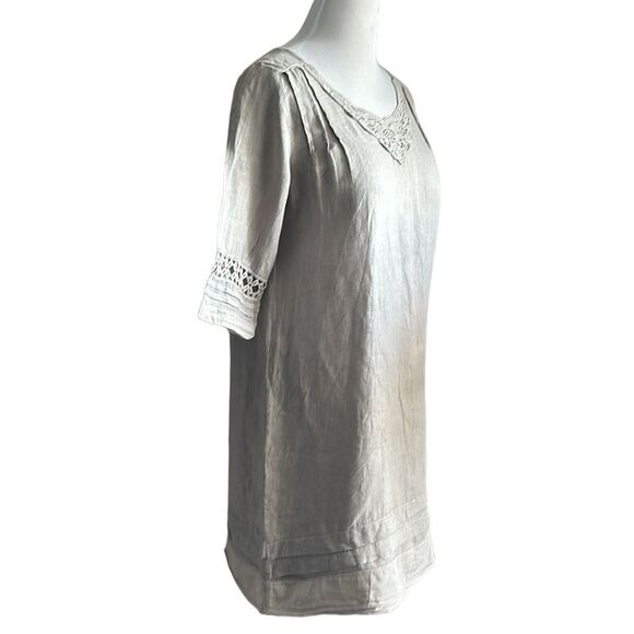 Carla Conti Italy Linen Oatmeal Crochet Lace Elbow Sleeve Shift Tunic Dress Sz.M - Picture 3 of 8